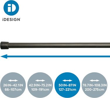 Телескопічна штанга для душової штори iDesign, металева, розсувна, без свердління, матова чорна, 127-221 см, для ванни та душу