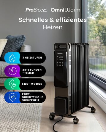 Електричний масляний радіатор Pro Breeze 2500Вт, 11 секцій, смарт-обігрів з термостатом, таймером на 24г та сенсорним дисплеєм, чорний