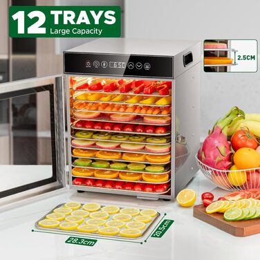 Сушарка для продуктів Kwasyo Edelstahl 750W, 12 ярусів, професійна, з таймером, регулюванням температури та захистом від перегріву + книга рецептів