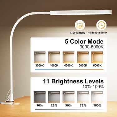 Настільна LED-лампа SKYLEO 85 см з гнучкою ніжкою, 5 режимів світла, 11 рівнів яскравості, таймер, пам’ять, 1300 Лм, 12W, чорна, з прищіпкою, для офісу та дому