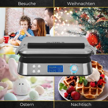 Електрична вафельниця GUTFELS WAFFLE 5010, подвійна, 1600 Вт, таймер, дисплей, для бельгійських вафель, чорна-нержавійка
