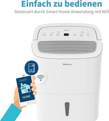 Осушувач повітря Shinco 50л WiFi з APP та помпою, 165м³/55м², з фільтром, функцією сушіння білизни, таймером та автоперезапуском