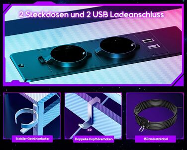 Ігровий стіл ODK з LED-підсвіткою, 2 розетками та 2 USB-портами, велика полиця для монітора, комп'ютерний стіл для геймерів, карбонове біле покриття, 129x129 см