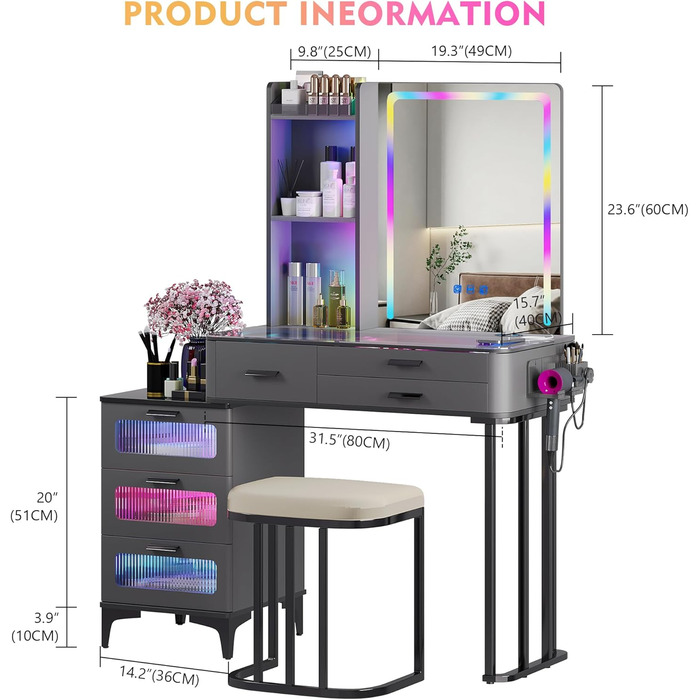 Туалетний столик з підсвіткою RGB, LED дзеркалом, табуретом, 6 шухлядами, скляною стільницею, тримачем для фену, USB Type-C, чорний