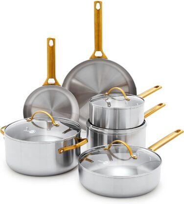 Набір кухонного посуду GreenPan 10 предметів з нержавіючої сталі, тришаровий, без ПФОА, для індукційних плит, духовки та гриля (до 315°C), стійкий до високих температур, можна мити в посудомийній машині, зі скляними кришками
