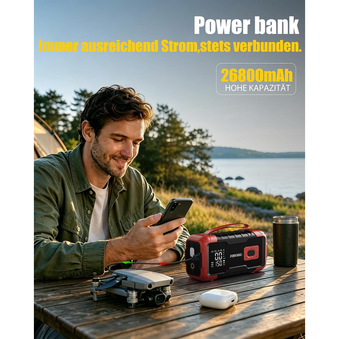 Пусковий пристрій (бустер) FOWAWU 8000A 26800mAh для автомобіля з компресором та Powerbank, цегляно-червоний (2006)