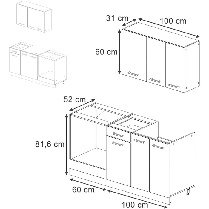 Кухонний модуль Vicco R-Line, дуб Goldkraft/антрацит, 160 см, з шафою під плиту, під вбудовану техніку та мийку (без стільниці та мийки)