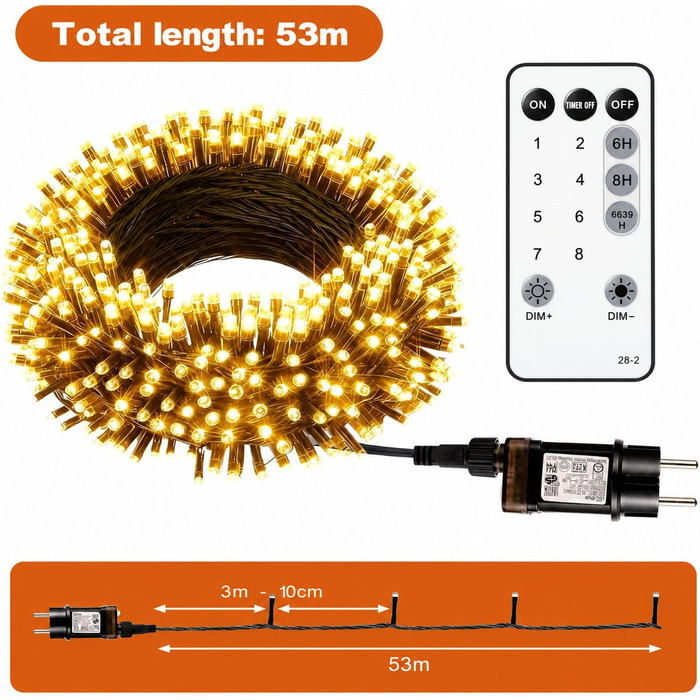 Світлодіодна гірлянда для ялинки та вулиці 50м, 500 LED, теплий білий колір, водонепроникна, з таймером та 8 режимами освітлення, зелений кабель
