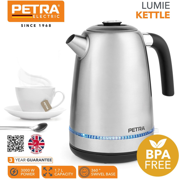 Електрочайник Petra PT5557VDE 1,7 л, 2200 Вт, LED-підсвітка, BPA-free, 360° база, антинакипний фільтр, авто-вимкнення, оглядове вікно