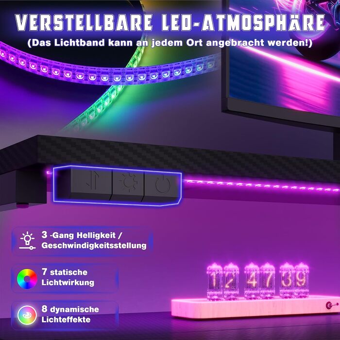 Ігровий стіл JUMMICO 140x60 см з розеткою, LED-підсвіткою та вуглецевим покриттям, обертовий комп'ютерний стіл з підставкою під монітор, шухлядами та підставкою для навушників, чорний
