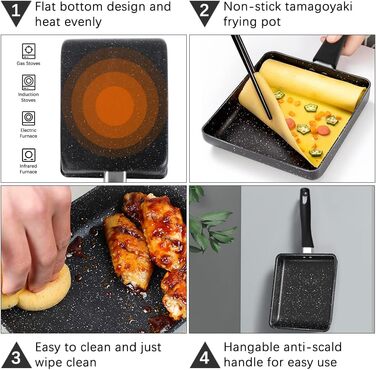 Японська омлетниця Tamagoyaki, прямокутна антипригарна сковорода для яєць з силіконовою лопаткою та 2 формами для яєць, для індукційної та газової плити, кухонне приладдя