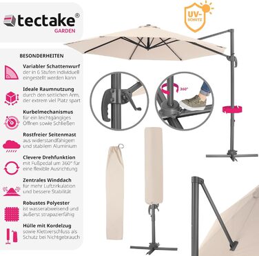 Сонцезахисна парасолька tectake 300 см, ампельна, з чохлом, регульована висота, складана, з педаллю і ручкою, UV 50+, для тераси або балкона, бежева