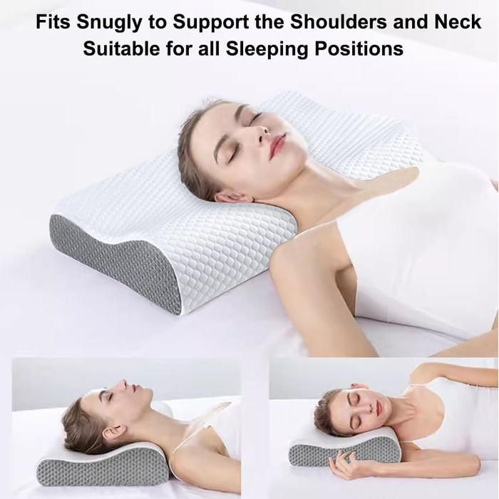 Ергономічна подушка з ефектом пам'яті Memory Foam для шиї та голови, ортопедична підтримка HWS для сну на боці та спині, з гігієнічним чохлом з бамбука (Білий)