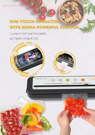 Вакууматор MegaWise — потужний компактний вакуумний пакувальник для продуктів з автоматичним режимом One-Touch, сріблястий