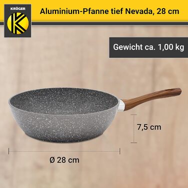 Алюмінієва сковорода KRÜGER Nevada 28 см, глибока, антипригарне покриття, для індукції та посудомийної машини, ергономічна ручка