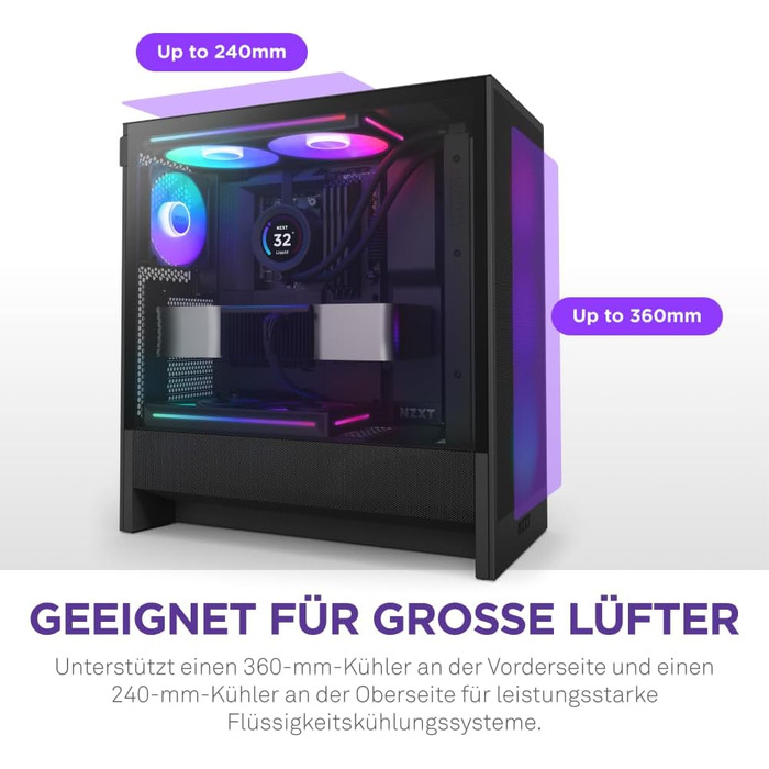 NZXT H5 Flow RGB 2024 – компактний ATX корпус для геймінгу з високим повітряним потоком, F360 RGB, підтримка радіаторів 360 мм (фронт) і 240 мм (верх), загартоване скло, чорний