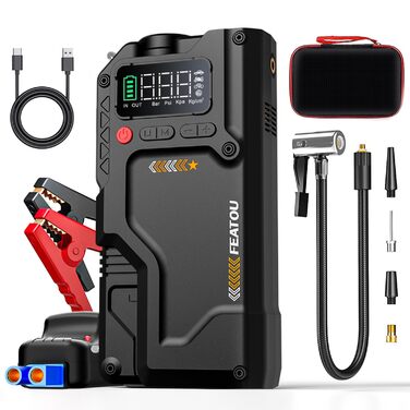 Powerbank з компресором Starthilfe 6500A: автостартер 12V для легкових автомобілів з повітряним насосом, бустер-акумулятор (для 9.0L бензину/8.5L дизеля) з пусковими кабелями, LED ліхтар 500 люмен (чорний), піковий струм 6500A