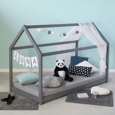 Дитяче ліжко Montessori Homestyle4u 90x200 см, сірий колір, з ламелями, з дерева (сосна)