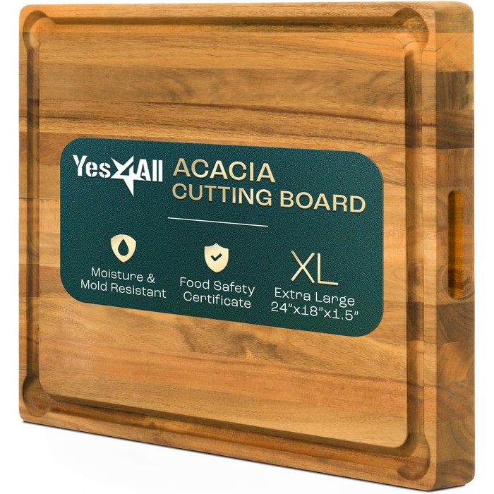 Дошка обробна Yes4All з акації для кухні 43x33x3.5 см, з жолобком для соку, середнього розміру, попередньо оброблена олією