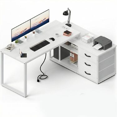 Кутовий письмовий стіл JUMMICO з шухлядами, 140x105x75 см, білий, з USB-роз'ємами та розетками