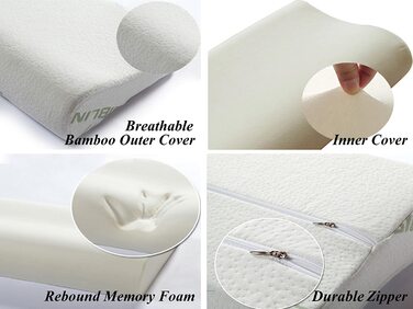 Подушка ортопедична з піни Memory Foam для глибокого сну, бамбукова, біла, гіпоалергенна, знімний чохол