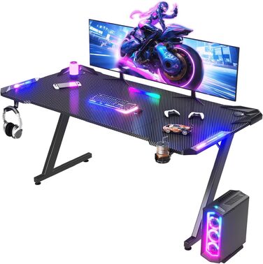 Ігровий стіл JUMMICO з RGB LED-підсвіткою, комп'ютерний стіл для геймерів та Home Office з тримачем для навушників та підстаканником, чорний (160x60 см)