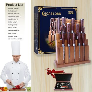Набір кухонних ножів Chefhoablorn 15-TLG: професійний набір з нержавіючої сталі, 20 предметів. Ідеальний подарунок на новосілля або весілля.