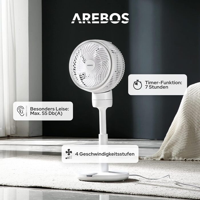 Вентилятор Arebos 55Вт, 3D осциляція, 23 см, тихий, регульована висота, 4 швидкості, таймер, дистанційне керування
