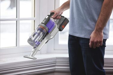 Акумуляторний пилосос BLACK+DECKER 4в1 для дому та тварин, 36В, 2.0А·год, без мішка, з електрощіткою для шерсті, 2в1 щілинна насадка, настінне кріплення, сріблясто-фіолетовий