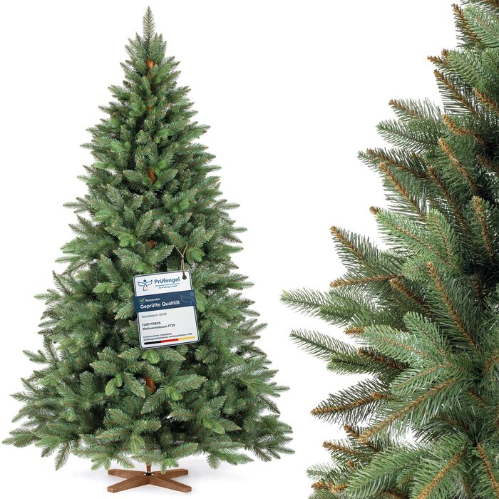 Штучна ялинка FAIRYTREES Nordmann Premium 220 см, білий засніжений сосновий колір, PVC, з натуральними шишками та дерев'яною підставкою