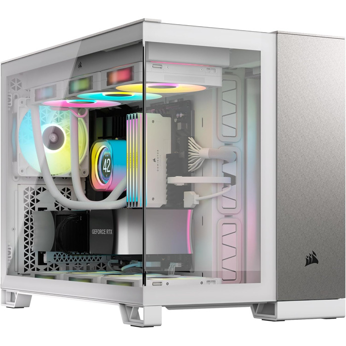 Корпус для ПК CORSAIR 2500X mATX, скло, двокамерний, без вентиляторів, білий/сатиново-сірий алюміній, підтримка реверсивної материнської плати