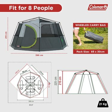 Намет Coleman Octagon з великими вікнами, 360° оглядом, сталевим каркасом, інтегрованою підлогою, водонепроникний, зелений, для однієї особи
