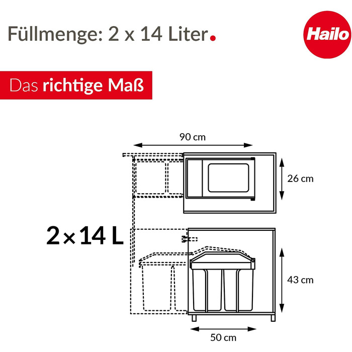 Вбудована система сортування сміття Hailo Multi-Box Duo L, два відра по 14 л, висувні контейнери, для кухні, кремово-біла