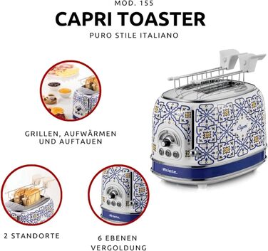 Тостер Ariete 155 Mediterranes Design Capri: 2 слоти, 6 рівнів підсмажування, розморожування, підігрів, автоматичний викид, 810 Вт