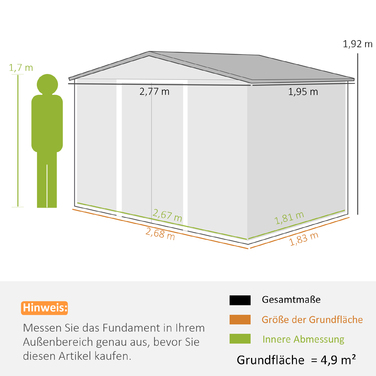 Outsunny Garden Shed 4,9 м², Садовий сарай з моноскатним дахом, Розсувні двері, Фундамент, 277 x 195 x 192 см, Сарай для інструментів з оцинкованої сталі, Стійкий до погодних умов, Для саду, Світло-коричневий