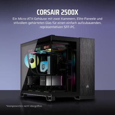 Комп'ютерний корпус CORSAIR 2500X mATX, подвійна камера, загартоване панорамне скло, підтримка інвертованої материнської плати, без вентиляторів, чорний/обсидіановий алюміній