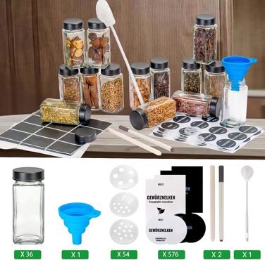 Набір квадратних скляних баночок для спецій з металевими кришками та етикетками, 120 мл, чорний колір, 36 шт.
