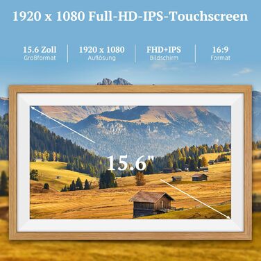 Frameo Цифровий фоторамка 15.6 дюймів: Електронний, з Wi-Fi, 32GB, IPS Touchscreen, відправка фото через додаток, подарунок, дубова рамка