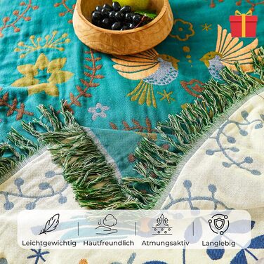 Бавовняна плед-ковдра HOORDRY Boho з візерунком «Птахи та квіти», 150×200 см, блакитно-зелений