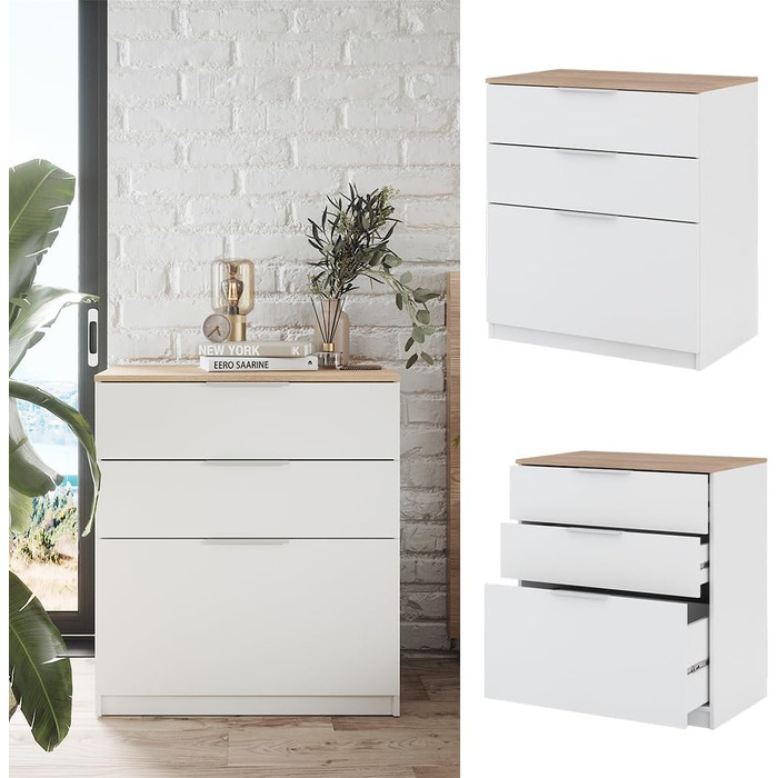 Комод Vicco Betti 80x90 см, білий/сонома, з 3 шухлядами