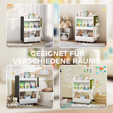 Дитяча полиця для книжок Kinder з 4 полицями, нижньою секцією, 2 бічними панелями, дощечкою для малювання, колесами, для дітей 3–8 років, 66,5 x 32,5 x 86,5 см, білий