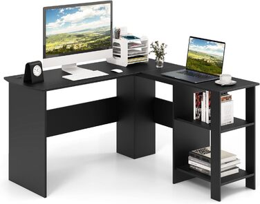 Кутовий письмовий стіл COSTWAY L-подібний, чорний, 130x130x74 см, з 2 кабельними отворами та полицями для зберігання, комп'ютерний стіл для дому й офісу