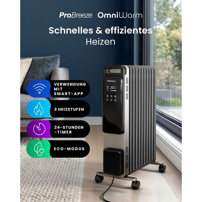 Розумний електричний масляний радіатор Pro Breeze 2500Вт, 11 секцій, з керуванням через Wi-Fi (Smart App), термостатом, таймером на 24г та сенсорним дисплеєм, сріблястий