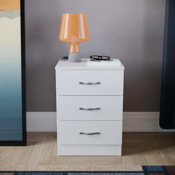 Тумба приліжкова Vida Designs Riano, 3 шухляди, білі, металеві ручки, захист від прогину, спальня, 56x40x36 см