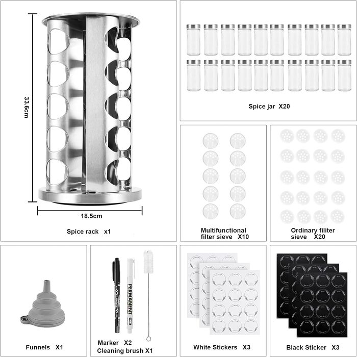 Обертовий органайзер для спецій з 20 чорними скляними банками, стійка-карусель із нержавіючої сталі, 360°