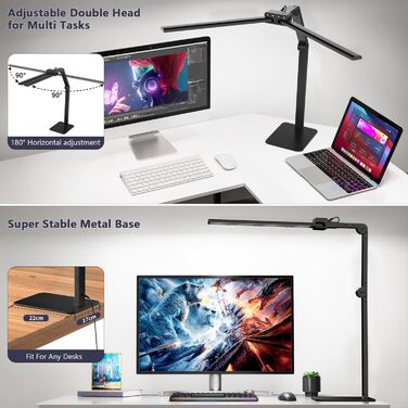 LED лампа для столу KableRika з двома головками: 24W, регульована яскравість, захист очей, для офісу та дому, сучасна лампа-світлодіод для монітора, чорна
