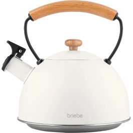 Чайник для води briefe Nordic з whistles-сигналом, 2.3л, нержавіюча сталь, для індукційних та всіх видів плит, ретро-дизайн, ручка Cool-Touch, білий