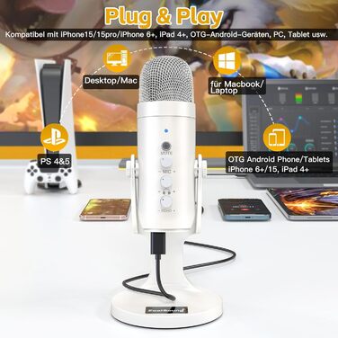ZealSound USB мікрофон K66 перламутрово-білий, конденсаторний мікрофон для ПК, смартфонів, PS4, PS5, USB-C, для ігор, подкастів, запису, стрімінгу, зі стумом, регулюванням гейну та ефектом ехо, сумісний з Mac, Windows