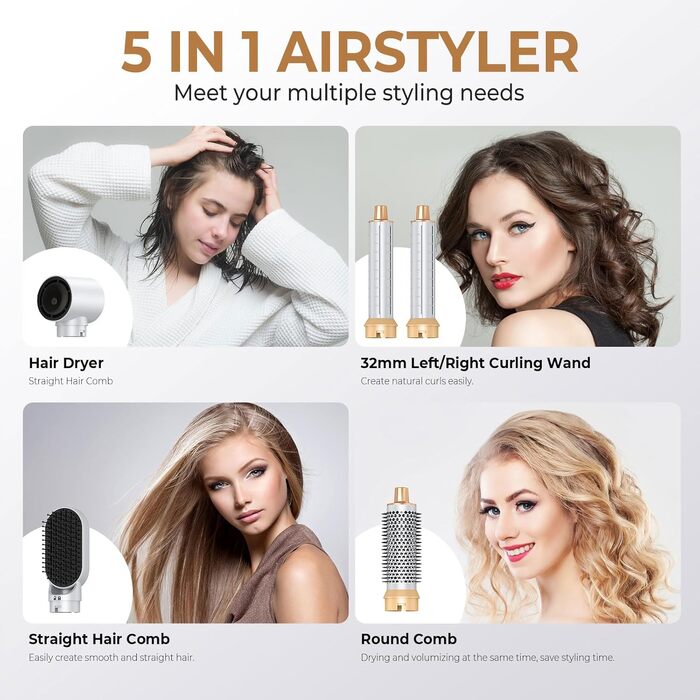 MogaWave Air Styler Pro 6 в 1: Фен-щітка, стайлер для волосся 1000W (білий)