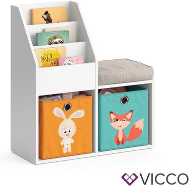 Дитяча книжкова полиця Vicco Luigi, біла, 72x79 см, з 2 складними коробами, малюнок Лисиця/Заєць